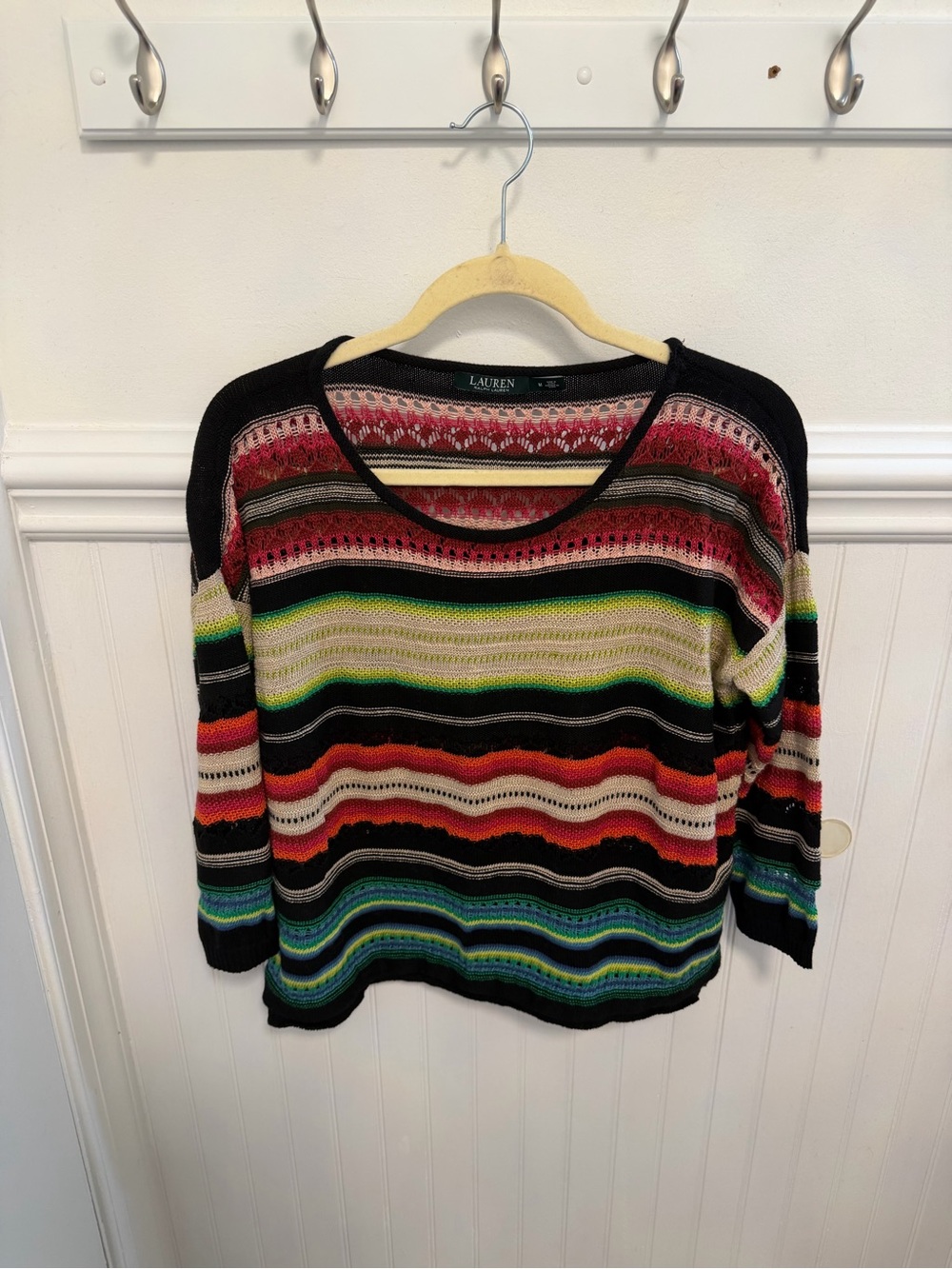 Lauren Ralph Lauren Black Multicolor Striped Open-Knit Scoop Neck Sweater
